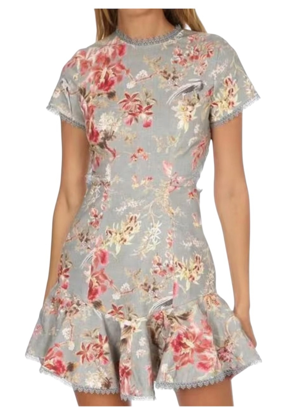 Zimmermann Floral Ruffle Hem Short Dress in Light Gray with Pink Blooms